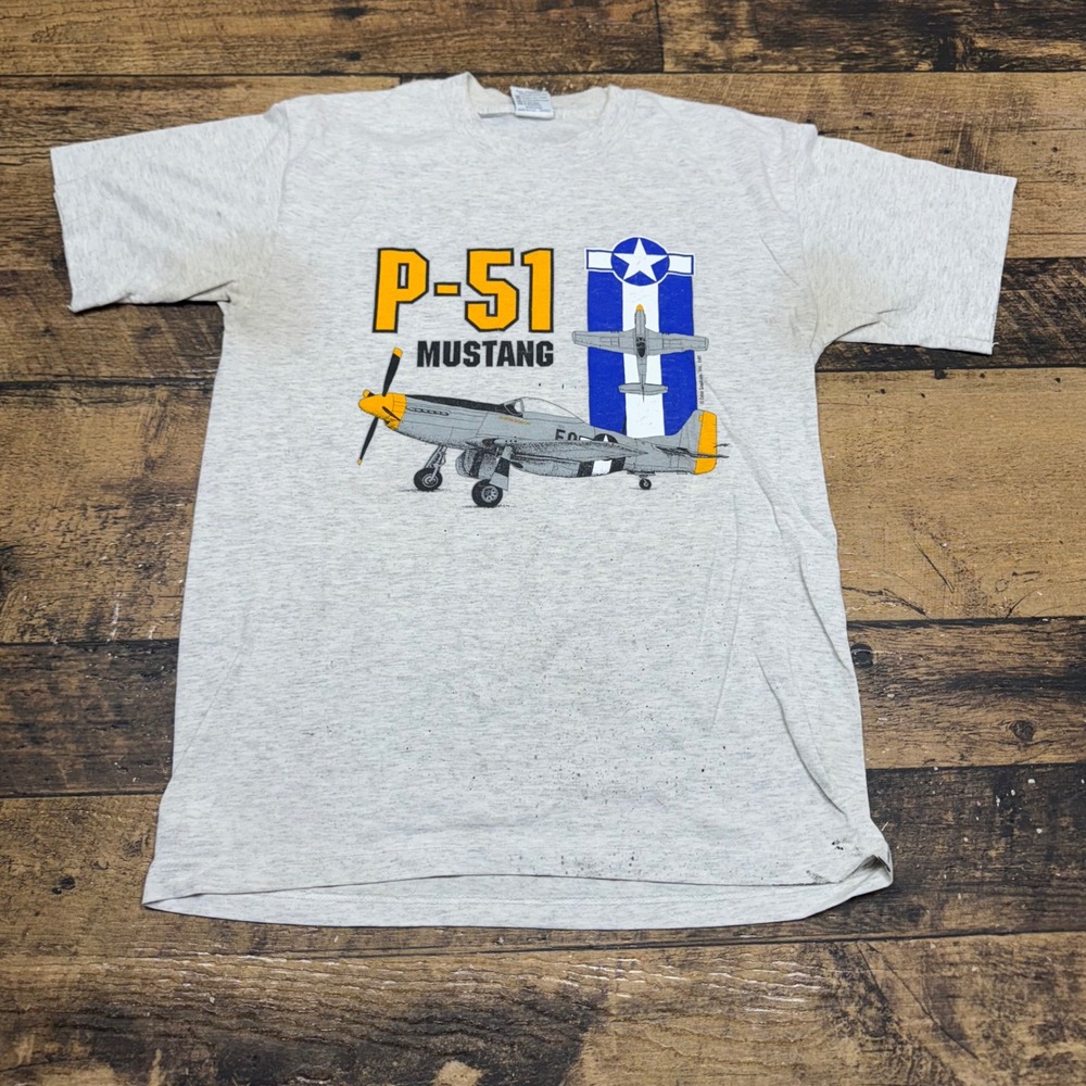 Cal Cru‎ Vintage P-51 Mustang Airplane Graphic Print T-Shirt Medium THRASHED